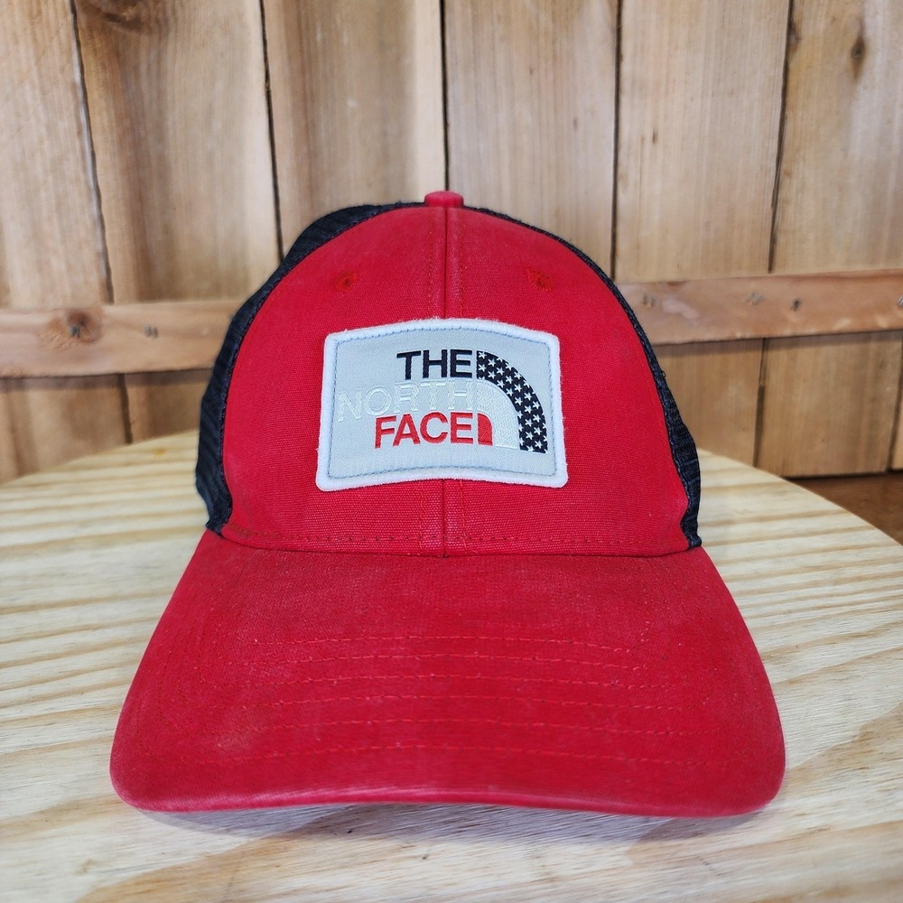 The North Face Hat Cap Snap Back Trucker Red Mesh‎ USA Flag Adjustable Mens OS
